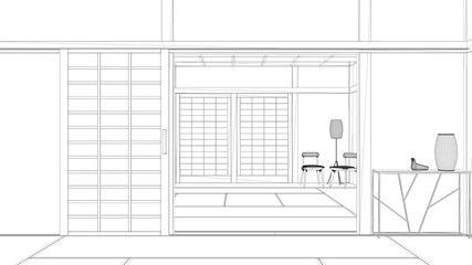 Blueprint project draft, empty open space with mats tatami and futon floor, wooden roof, chinese paper doors, chairs with lamps, lounge room, window with zen garden, meditation