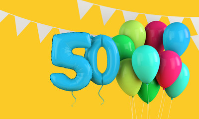 Happy 50th birthday colorful party balloons and bunting. 3D Render