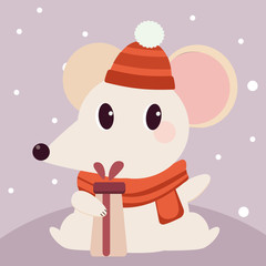 The character of cute white mouse wear a winter hat and scarf and holding a gift box. The cute white mouse in christmas theme for celebrate card. The character of cute mouse in flat vector style.
