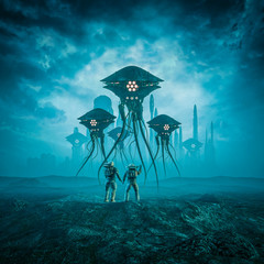 Sentinels of the hive / 3D illustration of science fiction scene showing astronauts encountering robot city on alien planet © grandeduc