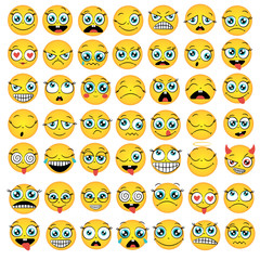 Set of funny cartoon faces. Caricature comic emotions. Doodle style. Isolated vector illustration