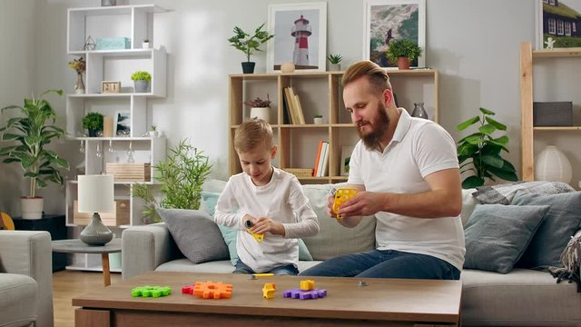 Father and son play with the constructor in the living room