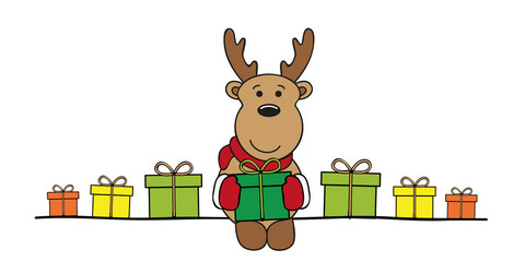 cute christmas deer cartoon with colorful gifts vector illustration EPS10