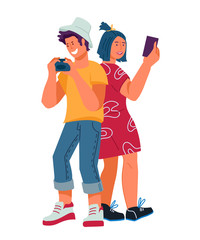 Tourists couple, people cartoon characters with gadgets traveling and taking picture on camera and smartphone. Tourism and Journey, Active Vacation and Holidays, flat vector illustration isolated.
