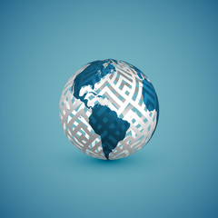 Blue globe map with pattern sphere, vector illustration