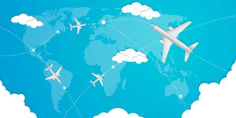 Airplane flying and trace a blue dashed trace line on a world map. Travel concept illustration in vector. Flat design.