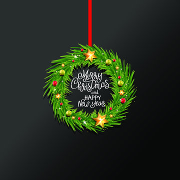 New year and Christmas wreath on the dark background.  Design for greeting card, banner or poster.
