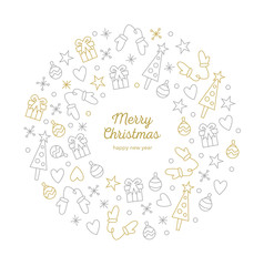 Christmas greeting card with wreath ornaments. Vector. Christmas icon elements. Golden and silver circle on white background. Vector illustration. Isolated elemets. Happy new year.  Greeting. Luxury.