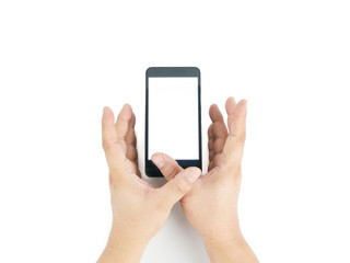 Man asian hand holding vertical the black smartphone with blank screen for text, isolated on white background.