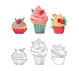 Set cartoon cakes in vector. Hand drawn dessert in vintage style. Cap cake with cream and cherry. Sweet food isolated on white background. Illustration of black line art and colored version.