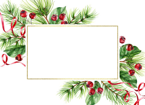 Christmas card background with pine branches, red berries and place for text. Watercolor illustration with frame and golden glitter for winter holidays invitations, calendars. 