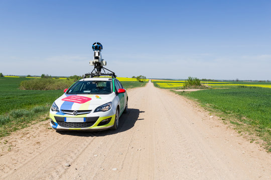 Alytus, Lithuania - Google Street View Car Drives Along Dirty Road And Photographs The Panoramas Of Countryside