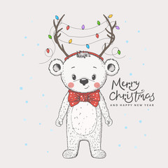 Cute little bear with deer horns, christmas garland, bow tie. Christmas card. New Year. Season's Greetings. Vector illustration