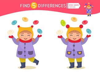 Find differences.  Educational game for children. Cartoon vector illustration of cute child with candys.