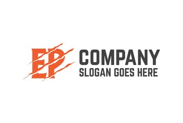 Orange initial EP letter template logo design with scratch effect creative design