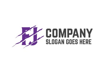 Purple initial FJ letter template logo design with scratch effect creative design