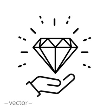 diamond gem in hand icon, luxury crystal or brilliant, outline jewel, thin line web symbol on white background - editable stroke vector illustration eps10