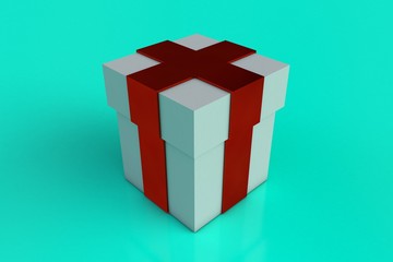 White gift box with red ribbon bow isolated on turquoise background. Reflection. Copy space. 3d render.