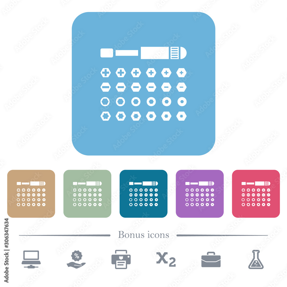 Poster set of screwdriver bits flat icons on color rounded square backgrounds