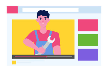 Video blogger, Video tutorials, web vlog,  blog online concept. People On Internet Video.  Tuber character. Vector illustration.