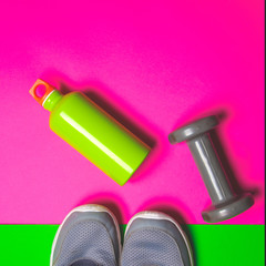 flat lay of sport equipment for jogging, running, dieting and heathy life