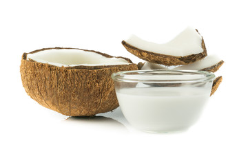 Coconut or Coconut pieces isolated on white background. Pure Coconut oil from Tropical fruit