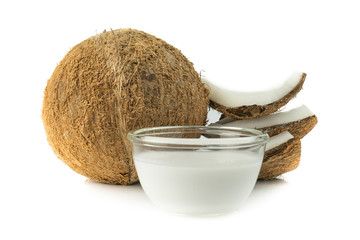 Coconut or Coconut pieces isolated on white background. Pure Coconut oil from Tropical fruit