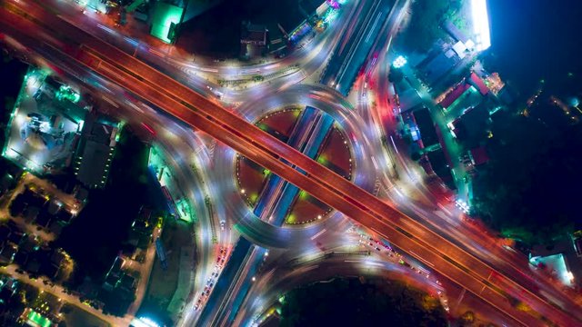Timelapse hyperlapse rotate aerial of a circle intersection at night.