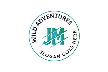 Aqua circle seal JM letter template logo design with scratch effect