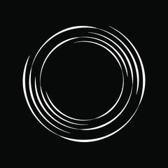 White lines in circle form. Black background. Geometric art. Abstract shape. Design element for frame, logo, sign, symbol, web, prints, template and textile pattern