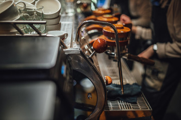 Fototapeta premium Professional coffee machine in coffee shop, close up view.
