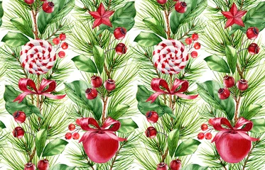  Watercolor seamless pattern with Christmas candies, red apples and pine tree branches. Hand painted realistic illustration for winter holiday season, greeting cards, wrapping paper, wallpapers. © Katerina Kolberg