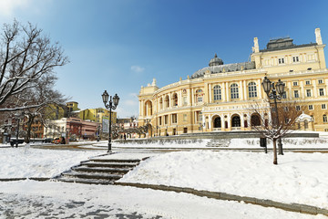 Fototapeta na wymiar Opera and Ballet Theater on a winter sunny day. Odessa. Ukraine.