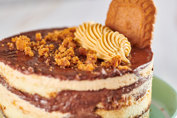 Cake with chocolate cream and biscuit in a plate