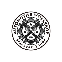 Automotive logo design, vintage style logo for car motor bike garage workshop with gear and spark plugs element, piston cog wheel engine machine