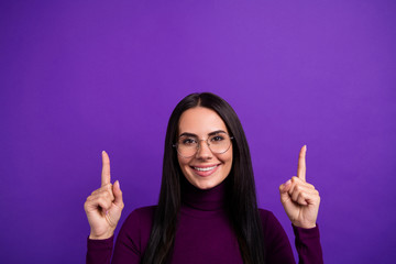 Photo of beautiful cheerful cute nice pretty woman pointing up smile toothy gesturing for you to...