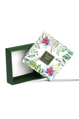 Subject shot of a gift box with a white bottom and a lid decorated with colorful floral tropic print and with a pleasant text: "Thank you. Good time to meet you."