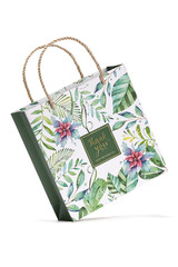 Subject shot of a white gift bag with silky plaited handles and decorated with colorful floral...