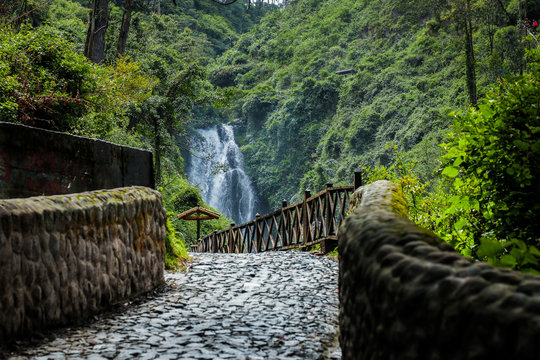 Cascadas de Peguche close to Otovalo in Ecuador. Beautiful waterfall in the rainforest setting of the Andes
