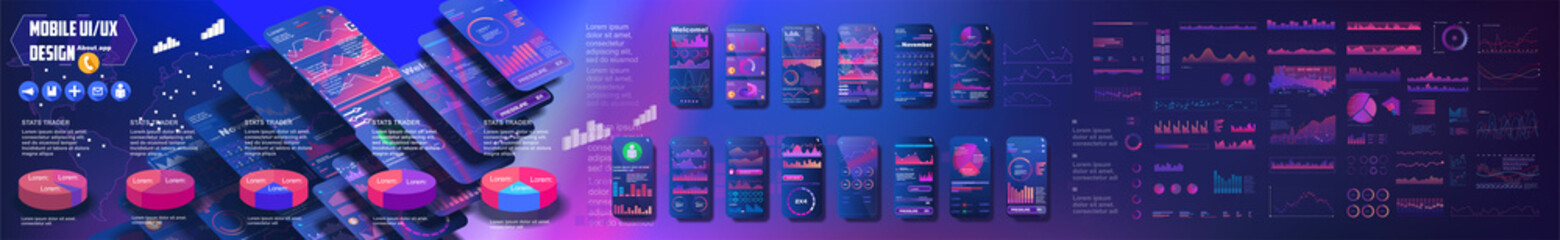UI, UX, GUI mobile screens modern infographic. Diagram template and chart graph. Flat web icons for mobile apps. Web design and mobile template. - obrazy, fototapety, plakaty