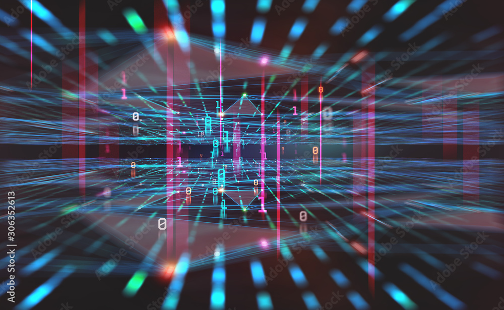 Poster Digital Cyberspace. Network and global database. 3D illustration of clusters of information with a binary code element