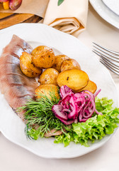 Served for holiday banquet restaurant table with canape with salted herring fish with potatoes slices and red onion, pickles, cucumber, snack, salads, cutlery, wine and water glasses. Russian food