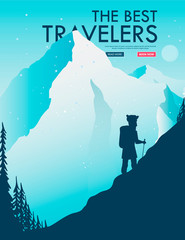 A man walks alone in the mountains. Adventure trip. Ziny vacation. Around the world. Cartoon style. Vector Illustration EPS10