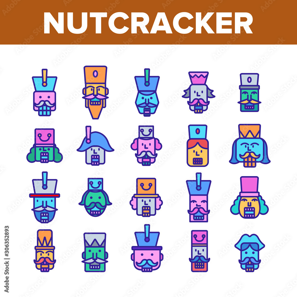 Aufkleber nutcracker collection elements icons set vector thin line. moustaches and ancient hat on soldier hea