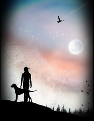 Girl walking with a dog cartoon characters in the real world silhouette art photo manipulation