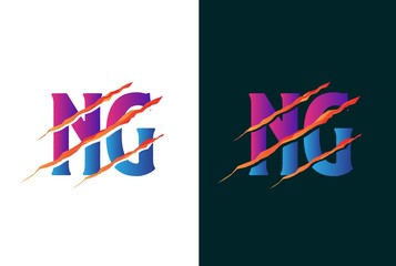 Pink and blue gradient NG letter template logo design with orange scratch effect