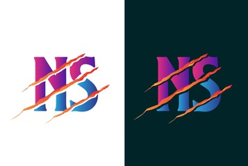 Pink and blue gradient NS letter template logo design with orange scratch effect