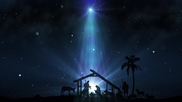 Christmas Scene with twinkling stars and brighter star of Bethlehem with sparkling nativity characters. Seamless Loop with Nativity Christmas story with twinkling stars, and moving wispy clouds.