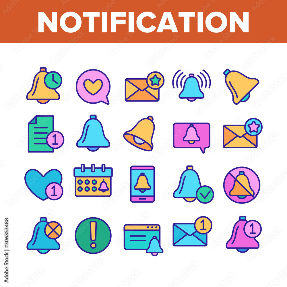 Poster notification collection elements icons set vector thin line. ring bell and mail message, document fi