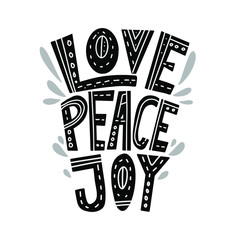 Love peace joy hand lettering design for holiday greeting card and invitation wedding. Positive and motivational vector element illustration. Christmas Quote on red background